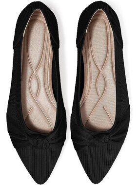 Women's Black Knit Pointed Toe Flats Twist Knot Bow Breathable Comfort Loafers
